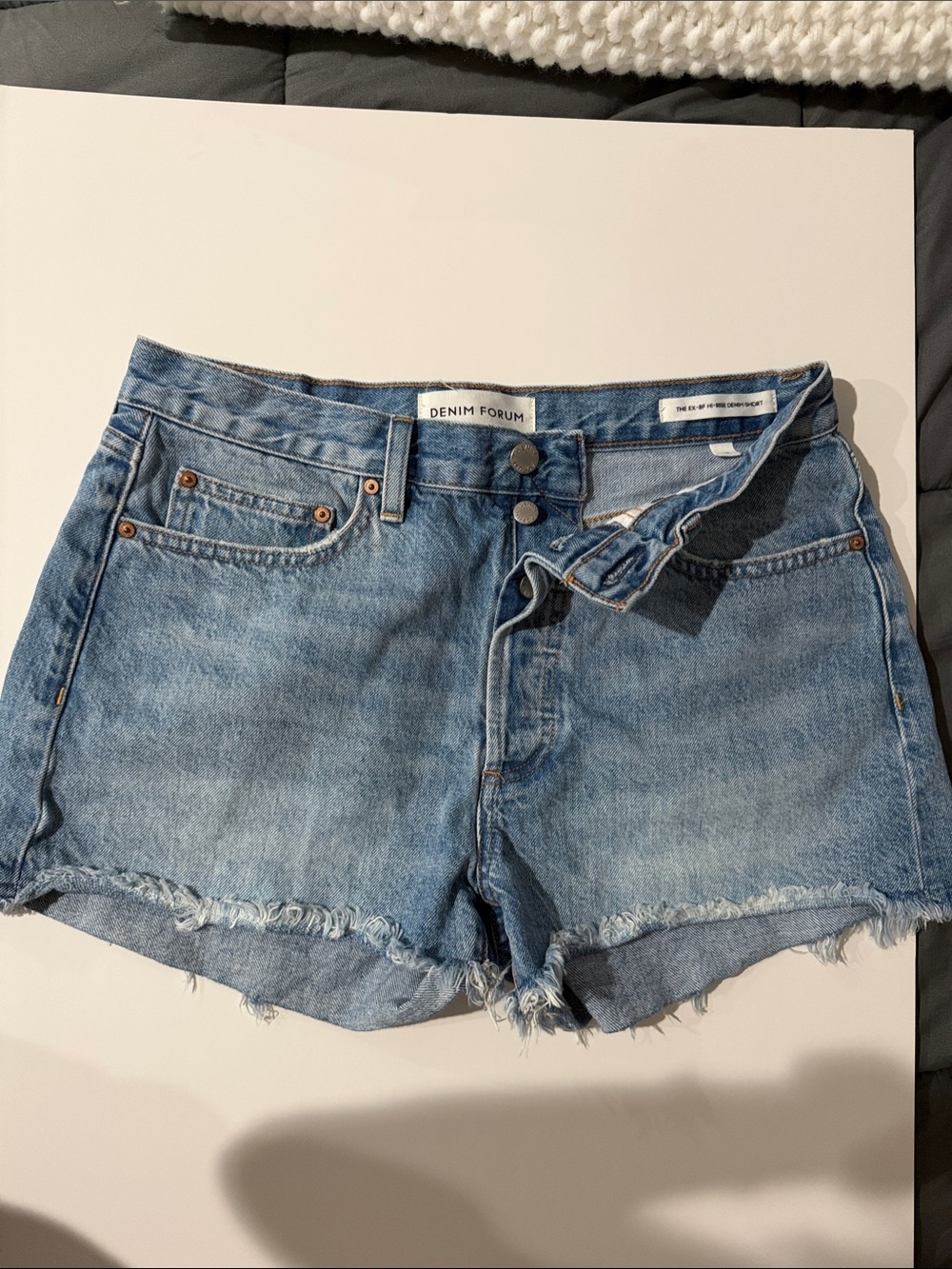 Denim Forum Blue High-Rise Frayed Hem Jean Shorts